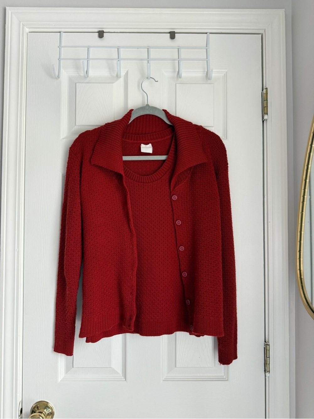 Vintage Red Knit Cardigan & Tank Set Textured Sweater Twin Set Size M